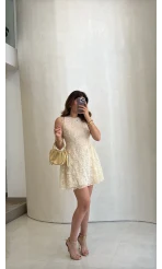 Beautiful Çiçek Dokulu Mini Elbise - Ekru - Kod: 00883