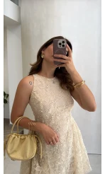 Beautiful Çiçek Dokulu Mini Elbise - Ekru - Kod: 00883