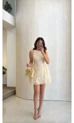 Beautiful Çiçek Dokulu Mini Elbise - Ekru - Kod: 00883