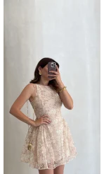 Beautiful Çiçek Dokulu Mini Elbise - Pembe - Kod: 00883