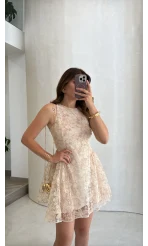Beautiful Çiçek Dokulu Mini Elbise - Pembe - Kod: 00883