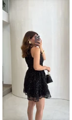 Beautiful Çiçek Dokulu Mini Elbise - Siyah - Kod: 00883