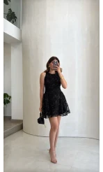 Beautiful Çiçek Dokulu Mini Elbise - Siyah - Kod: 00883