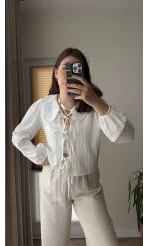 Bebe Yaka Çizgili Gömlek - Beyaz - 2048