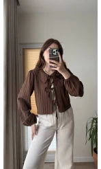 Bebe Yaka Çizgili Gömlek - Kahve - 2082