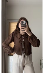 Bebe Yaka Çizgili Gömlek - Kahve - 2082