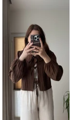 Bebe Yaka Çizgili Gömlek - Kahve - 2082