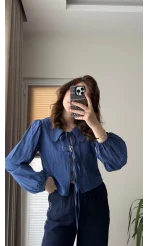 Bebe Yaka Çizgili Gömlek - Lacivert - 2082