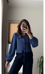 Bebe Yaka Çizgili Gömlek - Lacivert - 2082