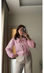 Bebe Yaka Çizgili Gömlek - Pembe - 2082