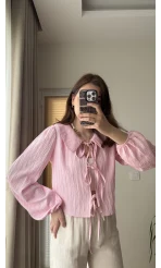 Bebe Yaka Çizgili Gömlek - Pembe - 2082