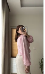 Bebe Yaka Çizgili Gömlek - Pembe - 2082