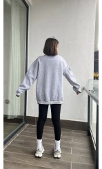 Beers Nakışlı Oversize Gri Sweat