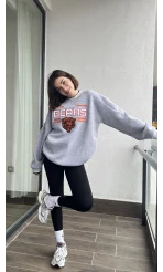 Beers Nakışlı Oversize Gri Sweat