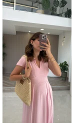 Bele Oturan Yaka Detay Elbise - Pembe - Kod: 4129