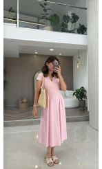 Bele Oturan Yaka Detay Elbise - Pembe - Kod: 4129