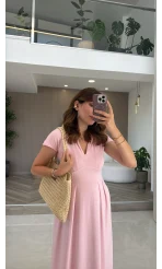 Bele Oturan Yaka Detay Elbise - Pembe - Kod: 4129