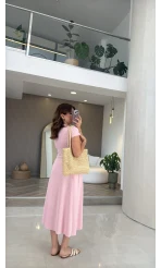 Bele Oturan Yaka Detay Elbise - Pembe - Kod: 4129