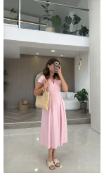 Bele Oturan Yaka Detay Elbise - Pembe - Kod: 4129