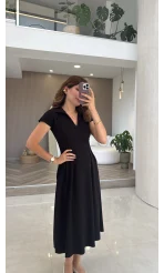 Bele Oturan Yaka Detay Elbise - Siyah - Kod: 4129