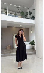 Bele Oturan Yaka Detay Elbise - Siyah - Kod: 4129