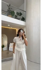 Beli Gipeli Balon Kol Gömlek - Ekru - Kod: 2298