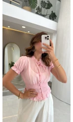 Beli Gipeli Balon Kol Gömlek - Pembe - Kod: 2298