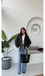 Beli Kemerli Deri Ceket - Siyah - Kod: 3137