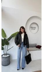 Beli Kemerli Deri Ceket - Siyah - Kod: 3137