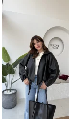 Beli Kemerli Deri Ceket - Siyah - Kod: 3137