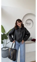 Beli Kemerli Deri Ceket - Siyah - Kod: 3137