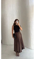 Beli Lastikli Dökümlü Etek - Kahve - Kod: 3460