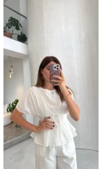 Beli Pileli Bluz - Beyaz - Kod: 1078