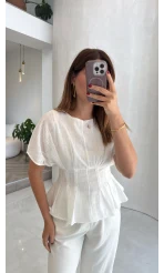 Beli Pileli Bluz - Beyaz - Kod: 1078