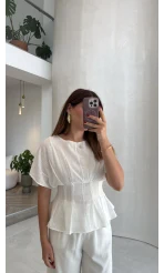 Beli Pileli Bluz - Beyaz - Kod: 1078