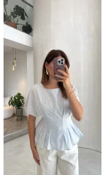 Beli Pileli Bluz - Mavi - Kod: 1078