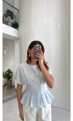 Beli Pileli Bluz - Mavi - Kod: 1078