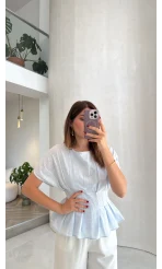 Beli Pileli Bluz - Mavi - Kod: 1078