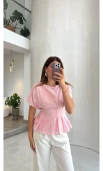 Beli Pileli Bluz - Pembe - Kod: 1078