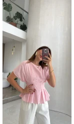 Beli Pileli Bluz - Pembe - Kod: 1078