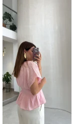 Beli Pileli Bluz - Pembe - Kod: 1078