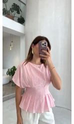 Beli Pileli Bluz - Pembe - Kod: 1078