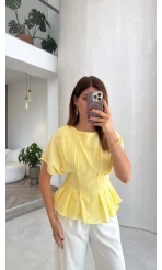 Beli Pileli Bluz - Sarı - Kod: 1078