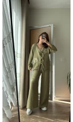 Bella Müslin Nakışlı Takım Haki