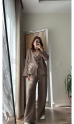 Bella Müslin Nakışlı Takım Vizon