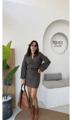 Bellina Triko Hırka Etek Takım - Kahve Vizon Tonları - Kod: 001