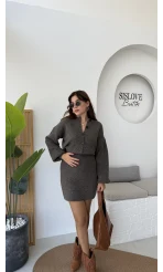 Bellina Triko Hırka Etek Takım - Kahve Vizon Tonları - Kod: 001