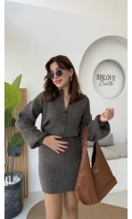 Bellina Triko Hırka Etek Takım - Kahve Vizon Tonları - Kod: 001