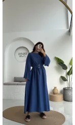 Berlin Kuşaklı Uzun Elbise - İndigo - 6031