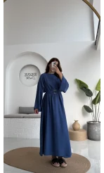 Berlin Kuşaklı Uzun Elbise - İndigo - 6031